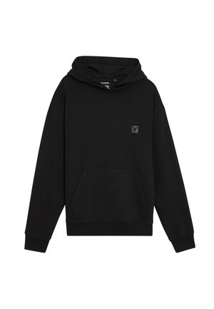 Felpa nera con cappuccio, tasca a marsupio e piccolo patch logo scuro sul lato sinistro del petto, maniche lunghe e polsini e orlo a costine.