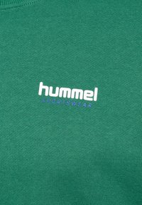 Grønt stof med hvidt "hummel" logo over mindre blåt "sportswear" tekst centreret på tekstiloverfladen.