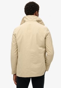 Beige jas met een hoge kraag, lange mouwen en een rechte snit. Gemaakt van gladde stof met minimale zichtbare stiksels.