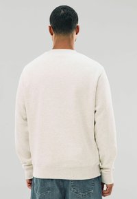 Lichtgrijze sweatshirt met lange mouwen, ribgebreide manchetten en zoom, met een eenvoudig, onversierd ontwerp. Draagt met blauwe spijkerbroek.