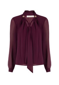 Blusa bordeaux realizzata in tessuto trasparente con collo a fiocco, maniche lunghe e dettagli dorati sul collo. Tessuto morbido, design elegante.