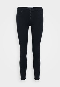 Fekete farmer skinny farmerek magas derékkal, öt zsebbel és gombos zipzárral, három gombbal a záráshoz. Simább szerkezet.