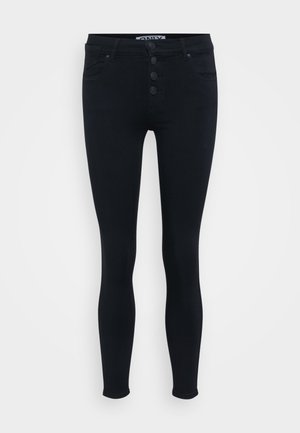 Černé denimové skinny džíny s vysokým pasem, pěti kapsami a zapínáním na knoflíky se třemi knoflíky pro uzavření. Hladká textura.