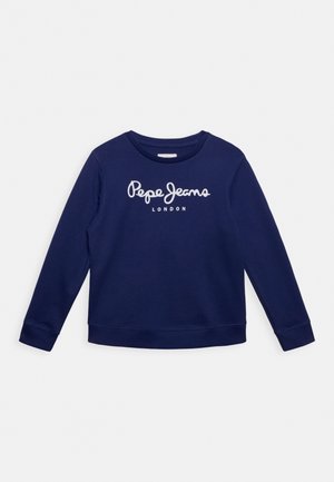 Sweat-shirt à manches longues bleu marine avec le logo "Pepe Jeans London" en blanc sur la poitrine, col rond et poignets et bord-côte côtelés.