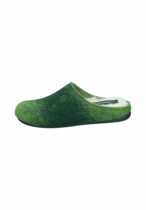 Green felt slipper with a rounded toe and soft wool lining. Features a contrasting dark green sole and subtle spiral logo detail.