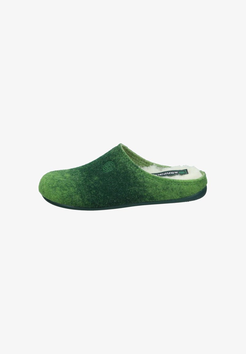 Green felt slipper with a rounded toe and soft wool lining. Features a contrasting dark green sole and subtle spiral logo detail.