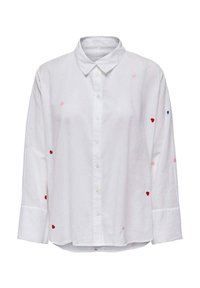 Camicia bianca con bottoni e maniche lunghe, caratterizzata da cuori ricamati di colore rosa, rosso e blu sparsi. Tessuto morbido, vestibilità comoda.