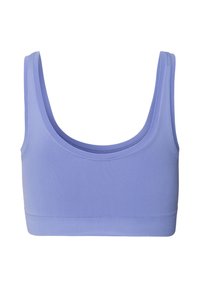 Hellblauer Sport-BH aus glattem, elastischem Material. Mit einem runden Ausschnitt und breiten Trägern für Komfort und Unterstützung.