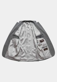 Giacca da completo grigia con un rivestimento interno liscio e argentato. Presenta due tasche interne e accenti neri a contrasto sulle tasche.