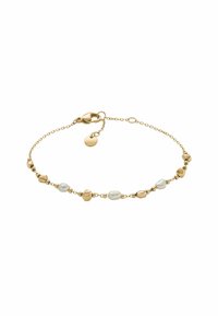 Bracciale in oro con perle irregolari in oro e perle a forma di bianco, dotato di chiusura e lunghezza regolabile. Design elegante e dalla texture raffinata.