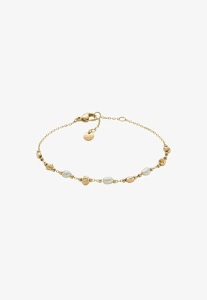 Pulsera de cadena de oro con cuentas de oro irregulares y perlas de forma blanca, con un cierre y longitud ajustable. Diseño elegante y con textura.