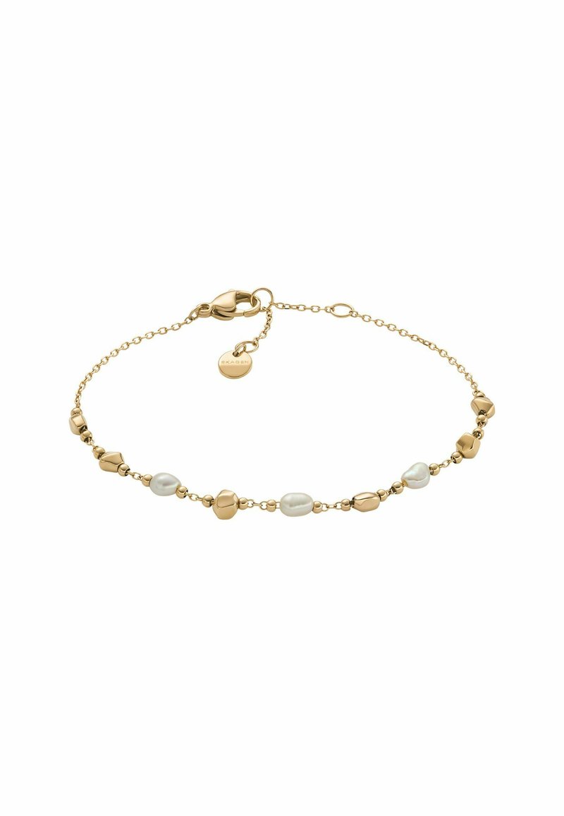 Bracciale in oro con perle irregolari in oro e perle a forma di bianco, dotato di chiusura e lunghezza regolabile. Design elegante e dalla texture raffinata.