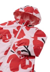 Rode en roze gestreepte jas met een capuchon, versierd met bloemvormen, met elastische boorden en een rits aan de voorkant. Glad, lichtgewicht materiaal.