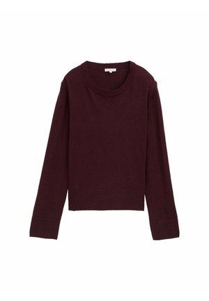 Bordeauxfarbener Pullover mit rundem Ausschnitt, langen Ärmeln, gerippten Bündchen und Saum, aus weichem Strickmaterial für hohen Tragekomfort.