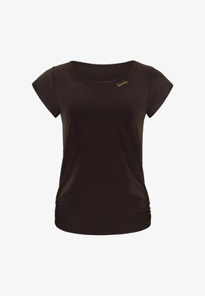 Zwarte t-shirt met korte mouwen van gladde stof; heeft een ronde hals en subtiele zijruche. Verfraaid met een klein gouden logo.