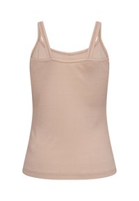 Beige ærmeløs tanktop lavet af blødt stof, med tynde justerbare stropper og en tætsiddende design med en glat overflade.