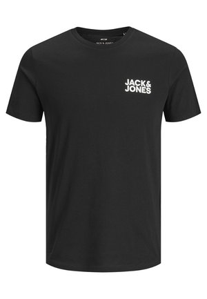 Camiseta de algodón negra de manga corta y cuello redondo. Presenta un logo blanco en la parte superior izquierda. Textura suave.