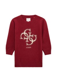 Punane kudum-sviiter, millel on ümmargune kaelus, pikad varrukad ja tekstureeritud viimistlus. Kuldne logo aktsent keskel koos brändinimega "GUESS" all.