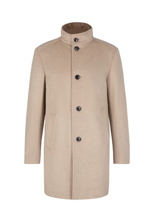 Beige wollen blendjas met een hoge kraag, vijf zwarte knopen, zijzakken en een rechte snit. Zachte textuur met minimale details.