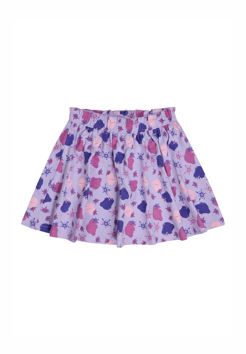 Jupe lilas avec une taille élastique, ornée d'un motif de formes roses, violettes et bleu marine, incluant des éléments fantaisistes et des flocons de neige.