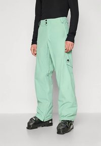 Hellgrüne, wasserdichte Skihose mit lockerem Schnitt, ausgestattet mit einem Knopfverschluss und Seitentasche, kombiniert mit schwarzen Skistiefeln.