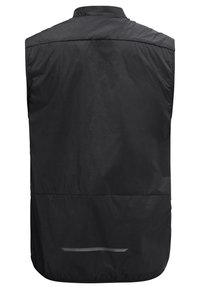 Gilet nero senza maniche realizzato in tessuto leggero e liscio. Presenta un colletto alto e una striscia riflettente sul retro vicino all'orlo.