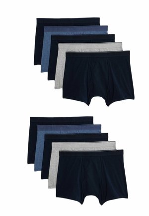 Een set van tien boxershorts in verschillende tinten blauw en grijs, gemaakt van zachte stof, met elastische taillebanden en een klassieke snit.