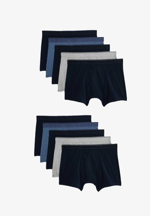 Et sæt med ti boxer shorts i forskellige nuancer af blå og grå, lavet af blødt stof, med elastiske taljer og en klassisk pasform.
