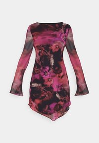 Robe à manches longues en tissu transparent avec un motif floral violet et noir, dotée d'un ourlet asymétrique et d'un col rond.