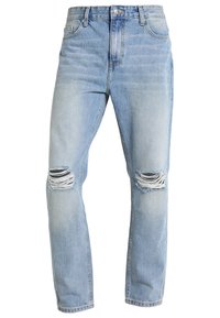 Ljust blå denimjeans med hög midja, som har slitna knähål, rak benpassform och klassisk femficksdesign.