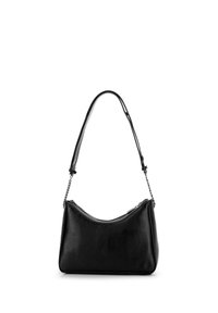 Bolso de hombro de cuero negro con forma redondeada, superficie texturizada, correa acentuada con cadena y cierre de cremallera en la parte superior.