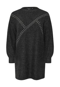 Vestito maglione grigio scuro realizzato in un tessuto morbido, con una vestibilità ampia, maniche lunghe e borchie argento disposte in un motivo diagonale.