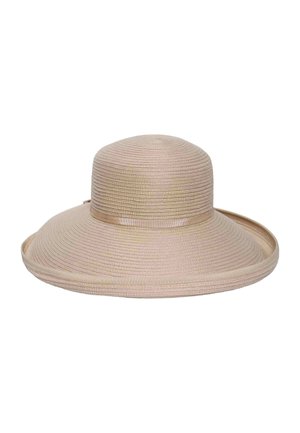 Wide-brimmed beige sun hat with a round crown, woven texture, and a subtle matching ribbon around the base of the crown.