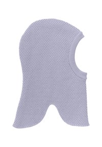 Stickad balaklava i ljus lavendel, med en strukturerad kropp och ribbade kanter. Täcker huvud och nacke med öppningar för ansikte och axlar.