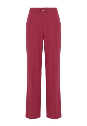 Pantaloni da donna a gamba dritta a vita alta in rosso intenso con cintura sottile e fibbia argento al girovita.