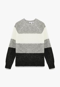 Suéter de punto en rayas grises, blancas y negras. Presenta un cuello redondo y puños acanalados. Tejido suave y texturizado con un ajuste relajado.