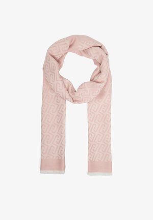 Sciarpa rosa chiaro con un delicato motivo geometrico, piegata a forma di anello con bordi sfrangiati su sfondo bianco.