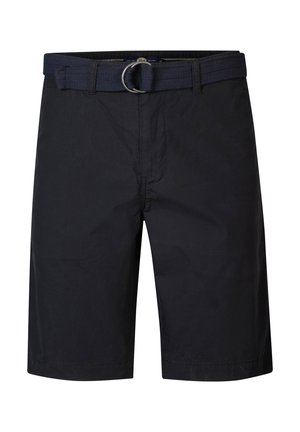 Marineblauwe shorts van lichtgewicht stof. Voorzien van een geweven riem met een ronde metalen gesp en een ritssluiting. Klassieke pasvorm, knielange ontwerp.
