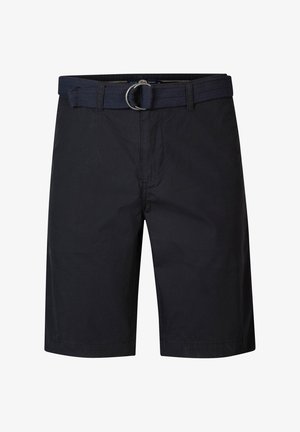 Marineblauwe shorts van lichtgewicht stof. Voorzien van een geweven riem met een ronde metalen gesp en een ritssluiting. Klassieke pasvorm, knielange ontwerp.