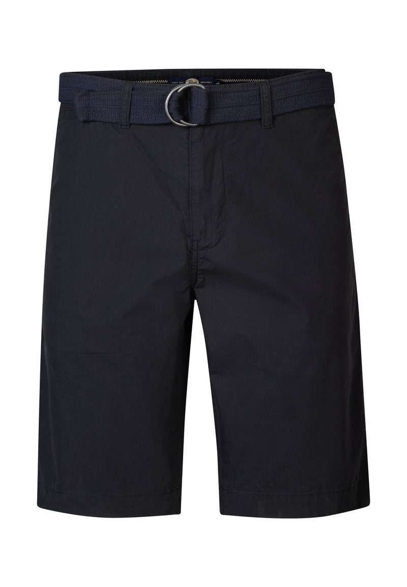 Pantalones cortos azul marino hechos de un tejido ligero. Cuenta con un cinturón trenzado con una hebilla metálica circular y un cierre de cremallera. Ajuste clásico, diseño hasta la rodilla.