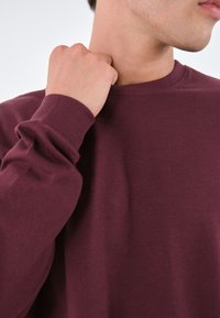 Burgunderfarbener Pullover aus weicher Baumwolle, mit langen Ärmeln und ribbeltem Halsausschnitt. Der Stoff hat eine glatte Textur ohne sichtbare Muster.