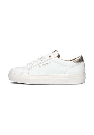White leather sneaker with a rounded toe, flat rubber sole, and metallic silver heel detail. Features perforated sides and embossed logo.