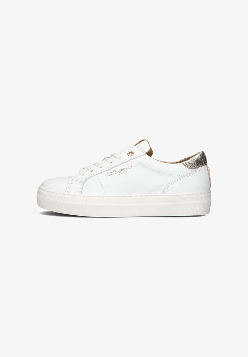 White leather sneaker with a rounded toe, flat rubber sole, and metallic silver heel detail. Features perforated sides and embossed logo.