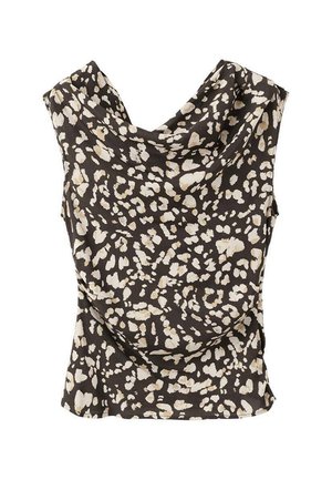 Schwarzes und beiges ärmelloses Oberteil mit drapiertem Ausschnitt und abstraktem Leopardenmuster. Glatte Textur, leichter Stoff.
