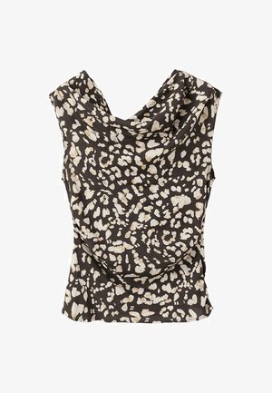 Top nero e beige senza maniche con scollo drappeggiato e motivo astratto animalier leopardato. Tessuto leggero dalla texture liscia.