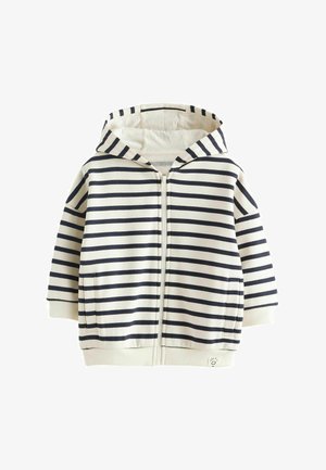 Gestreifter Kapuzenpullover in Creme und Marineblau, mit einem Frontreißverschluss, zwei seitlichen Taschen und gerippten Bündchen. Aus weichem Baumwollmaterial mit Kapuze.