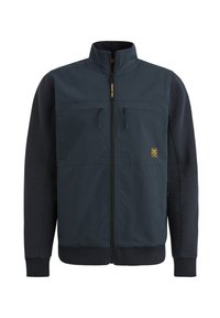 Giacca blu navy con zip frontale, due tasche sul petto con cerniere e maniche scure a contrasto. Realizzata in materiali morbidi e resistenti.