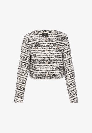 Fekete-fehér texturált anyagból készült, kockás mintázatú rövid dzseki, kerek nyakkivágással és gombos elülső zárral.