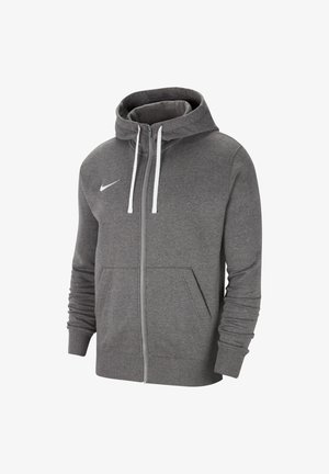 Felpa grigia con zip realizzata in tessuto morbido, dotata di tasca a marsupio, cappuccio regolabile con lacci e un piccolo logo bianco sul petto.