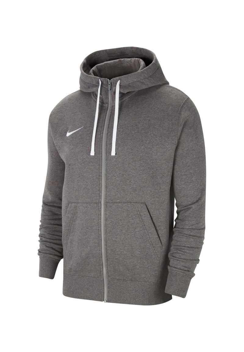 Grau zip-up Hoodie aus weichem Material, mit einer Kängurutasche, verstellbarem Kapuze mit Kordeln und einem kleinen weißen Logo auf der Brust.
